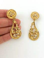SONIA RYKIEL Vintage Gold Tone Dangle Leaves Earrings Rhinestone