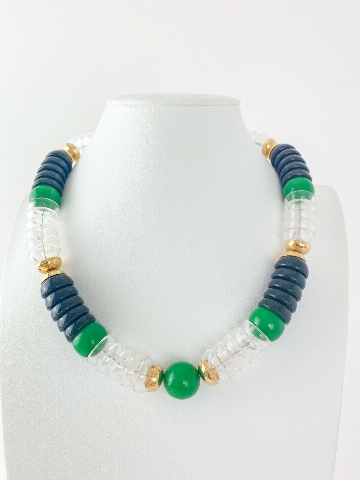 Vintage YSL Necklace, Yves Saint Laurent, Gold Tone Necklace, Link Necklace, Emerald Green Black Color, Gift for Her, Jewelry for Women