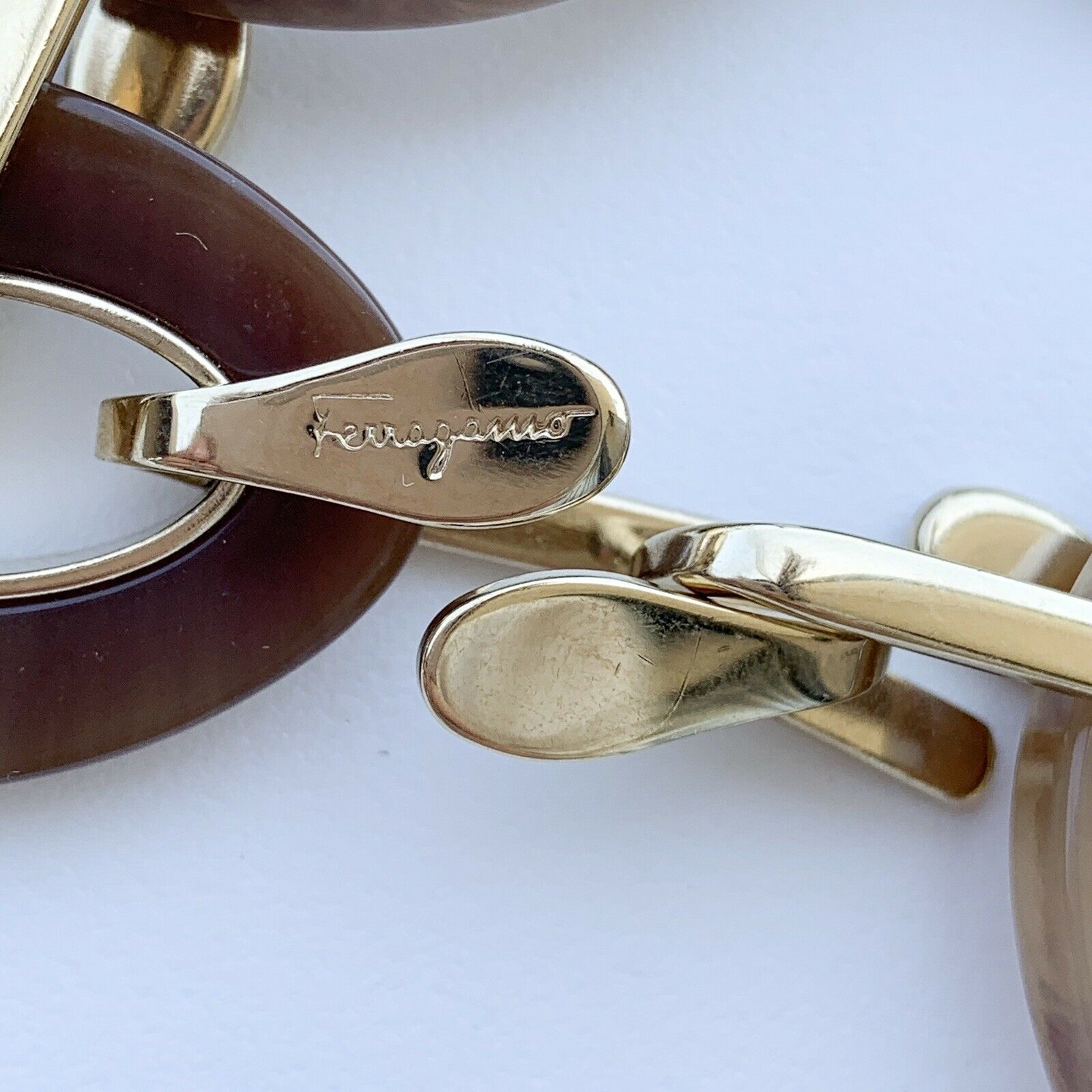 Ferragamo Gold Tone Brown Link Necklace Vintage Made in Italy