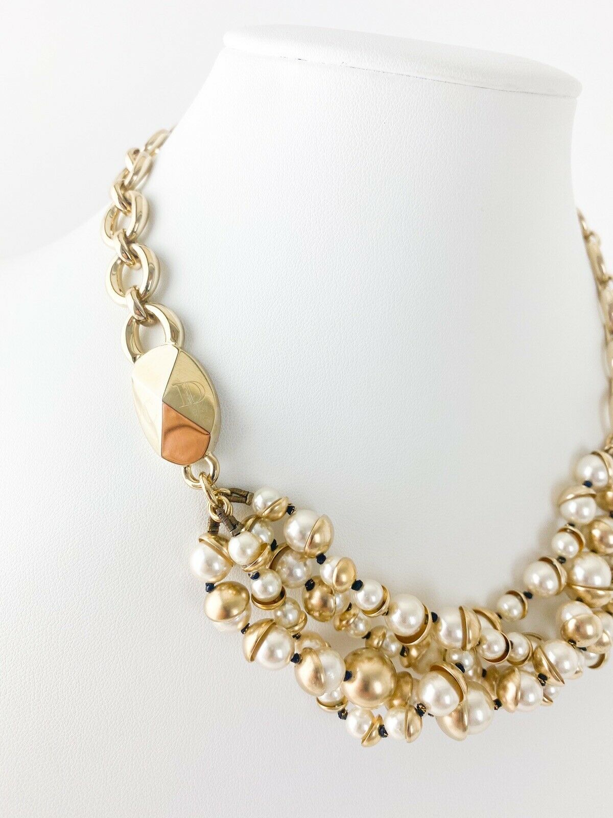 【SOLD OUT】Christian Dior Mise en Dior Vintage Gold Tone Multi-Strand Choker Necklace Faux Pearl