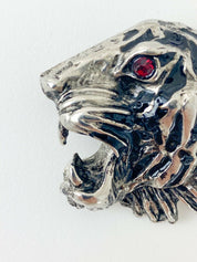 【SOLD OUT】GIORGIO ARMANI Silver Tone Tiger Head Brooch Pin Crystal Rhinestone Ruby