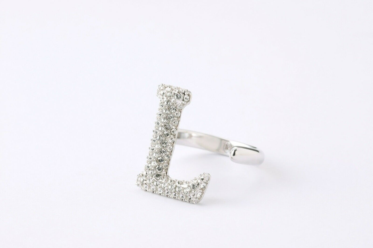 Alphabet Ring Initial  L Swarovski Crystals Free Size Sterling Silver 925 Rhodium Plated