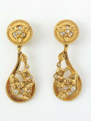 SONIA RYKIEL Vintage Gold Tone Dangle Leaves Earrings Rhinestone