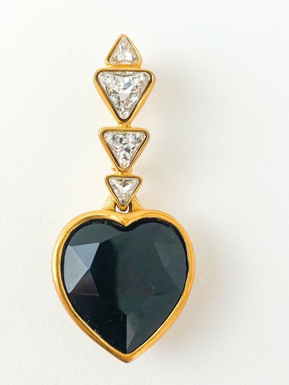 YSL Yves Saint Laurent Vintage Gold Tone Heart Brooch Pin Black Rhinestones
