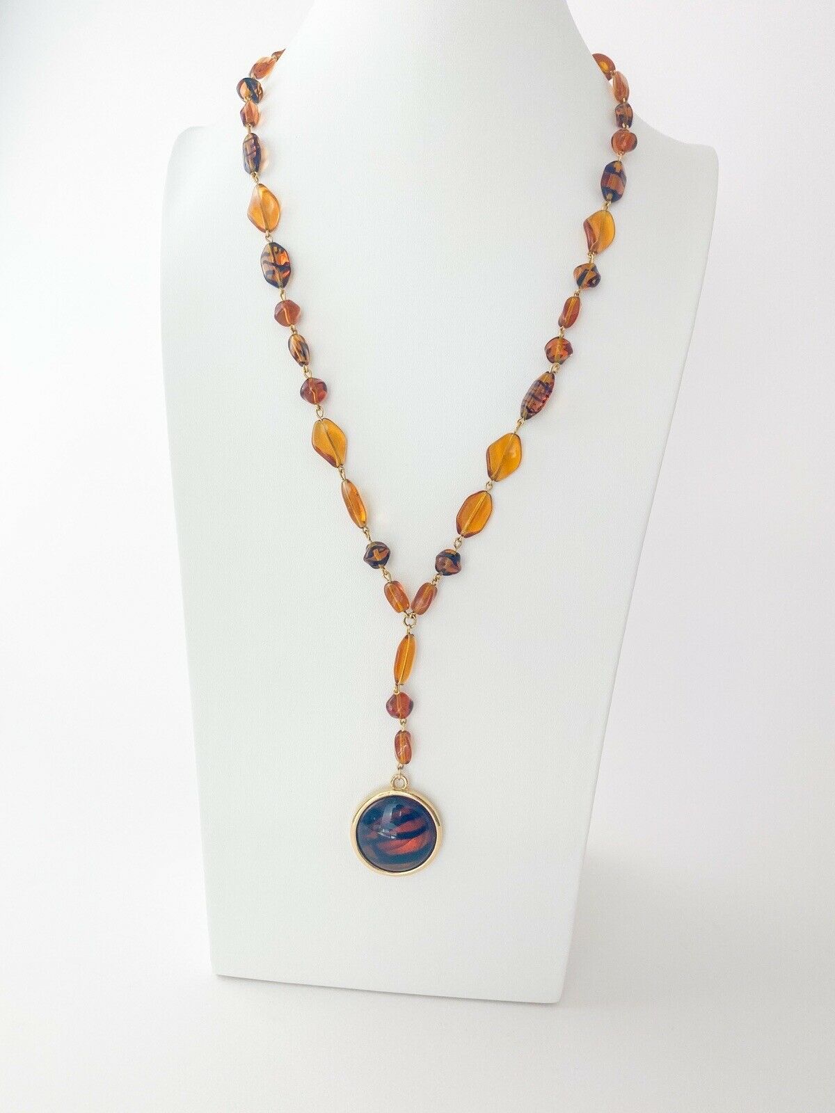 Givenchy Beaded Necklace Vintage Gold Tone Round Pendant Amber Brawn Gripoix