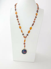 Givenchy Beaded Necklace Vintage Gold Tone Round Pendant Amber Brawn Gripoix