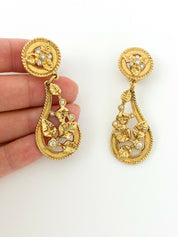 SONIA RYKIEL Vintage Gold Tone Dangle Leaves Earrings Rhinestone