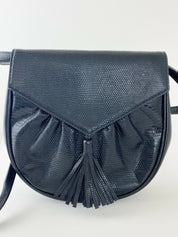 YSL Yves Saint Laurent Vintage Lizard Fringe Shoulder Bag Cross Body Bag Black