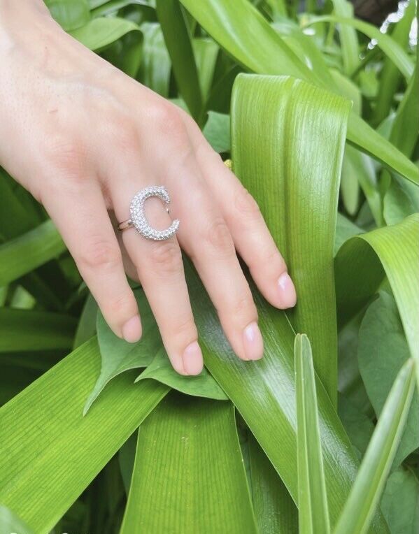 Alphabet Ring Initial  C Swarovski Crystals Free Size Sterling Silver Rhodium Plated
