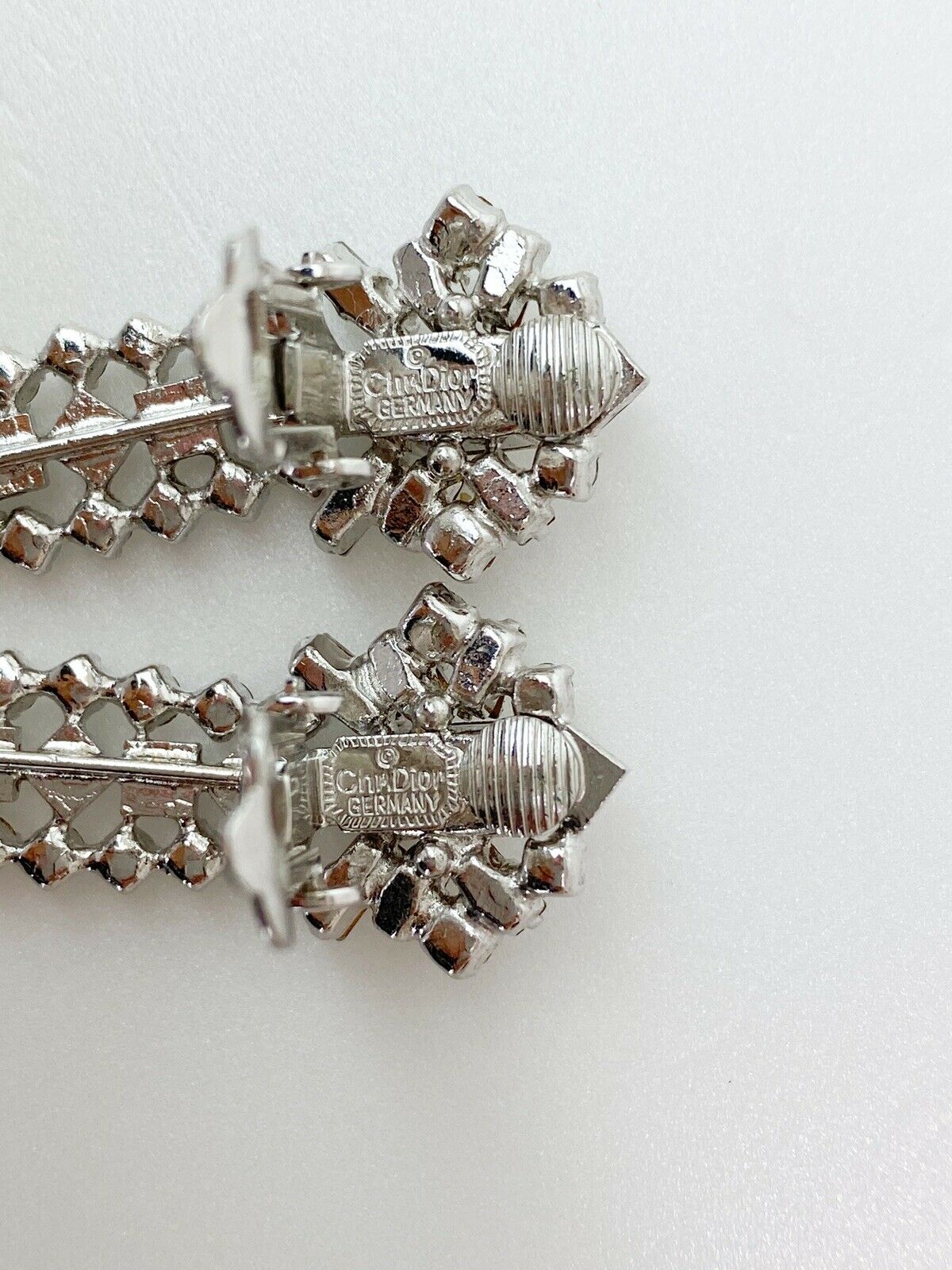 Christian Dior Germany Silver Tone Baguette Earrings Crystal Rhinestones Vintage