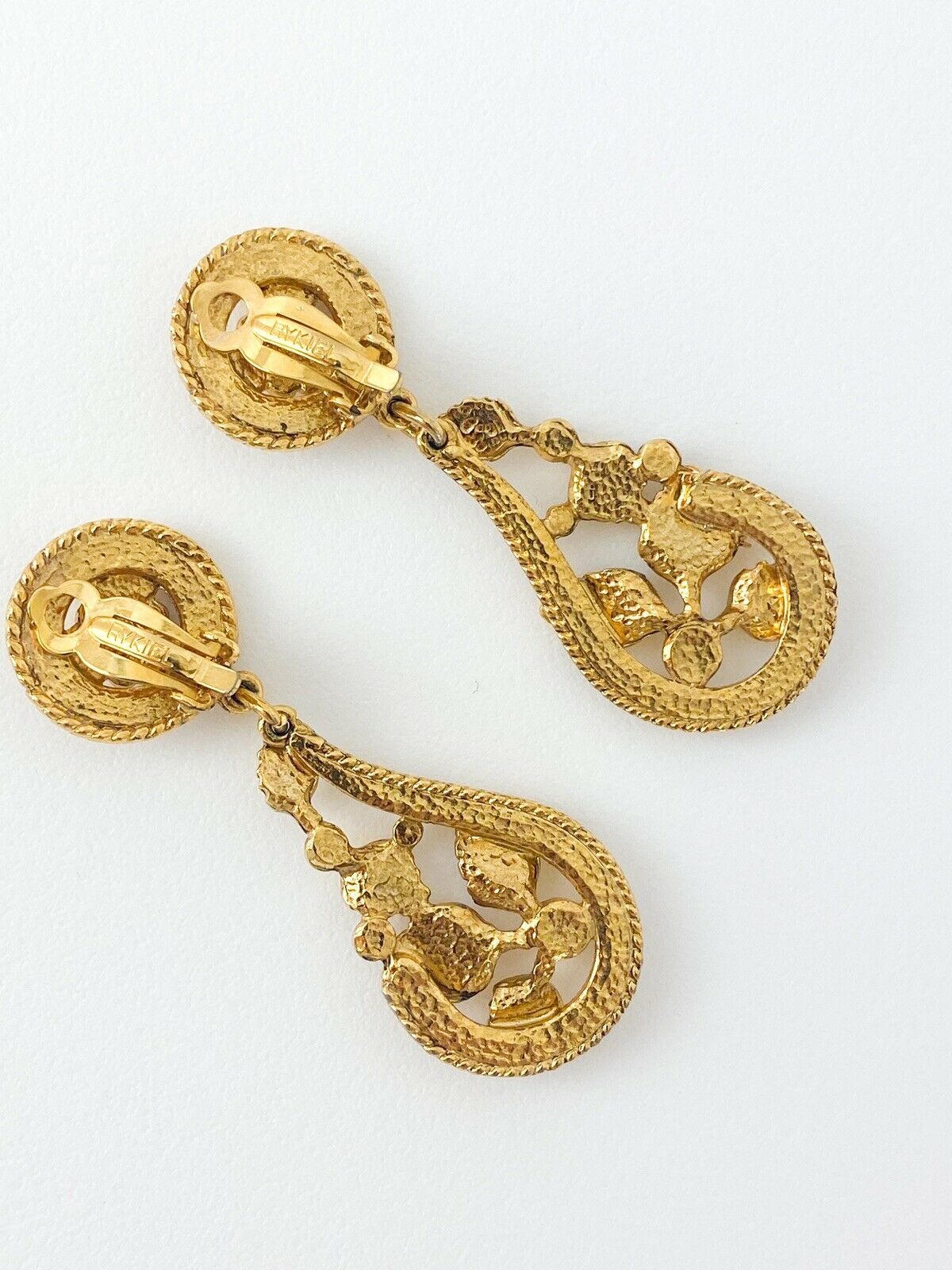 SONIA RYKIEL Vintage Gold Tone Dangle Leaves Earrings Rhinestone