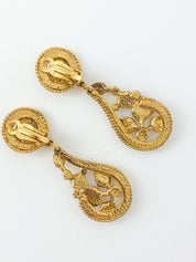 SONIA RYKIEL Vintage Gold Tone Dangle Leaves Earrings Rhinestone