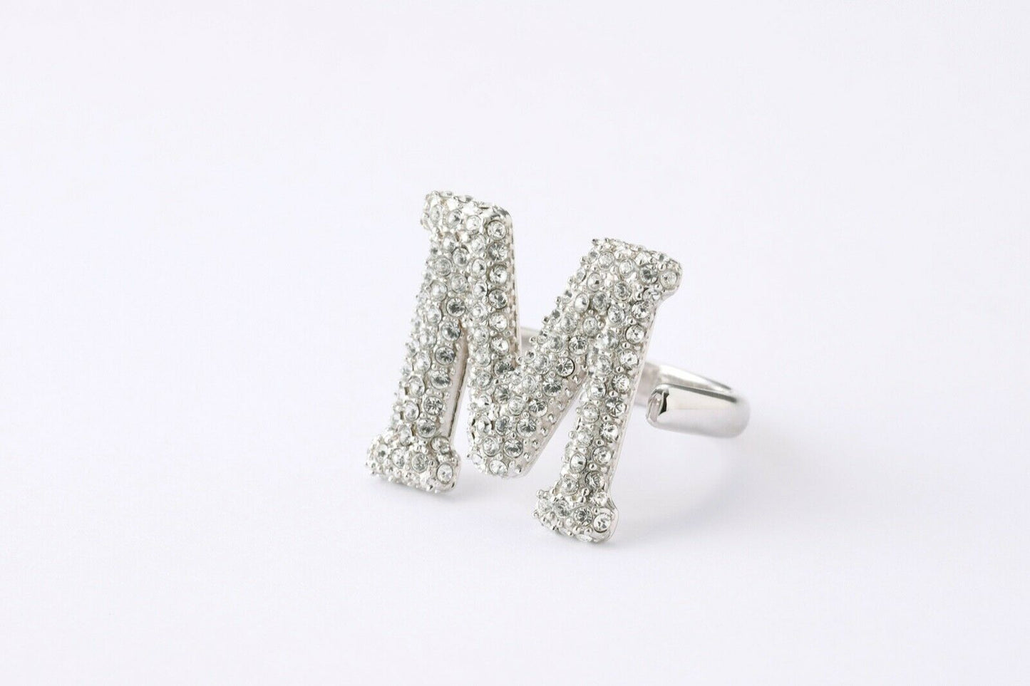 Initial Ring Alphabet Letter ring   M Cubic zirconia  Free Size Sterling Silver 925 Rhodium Plated