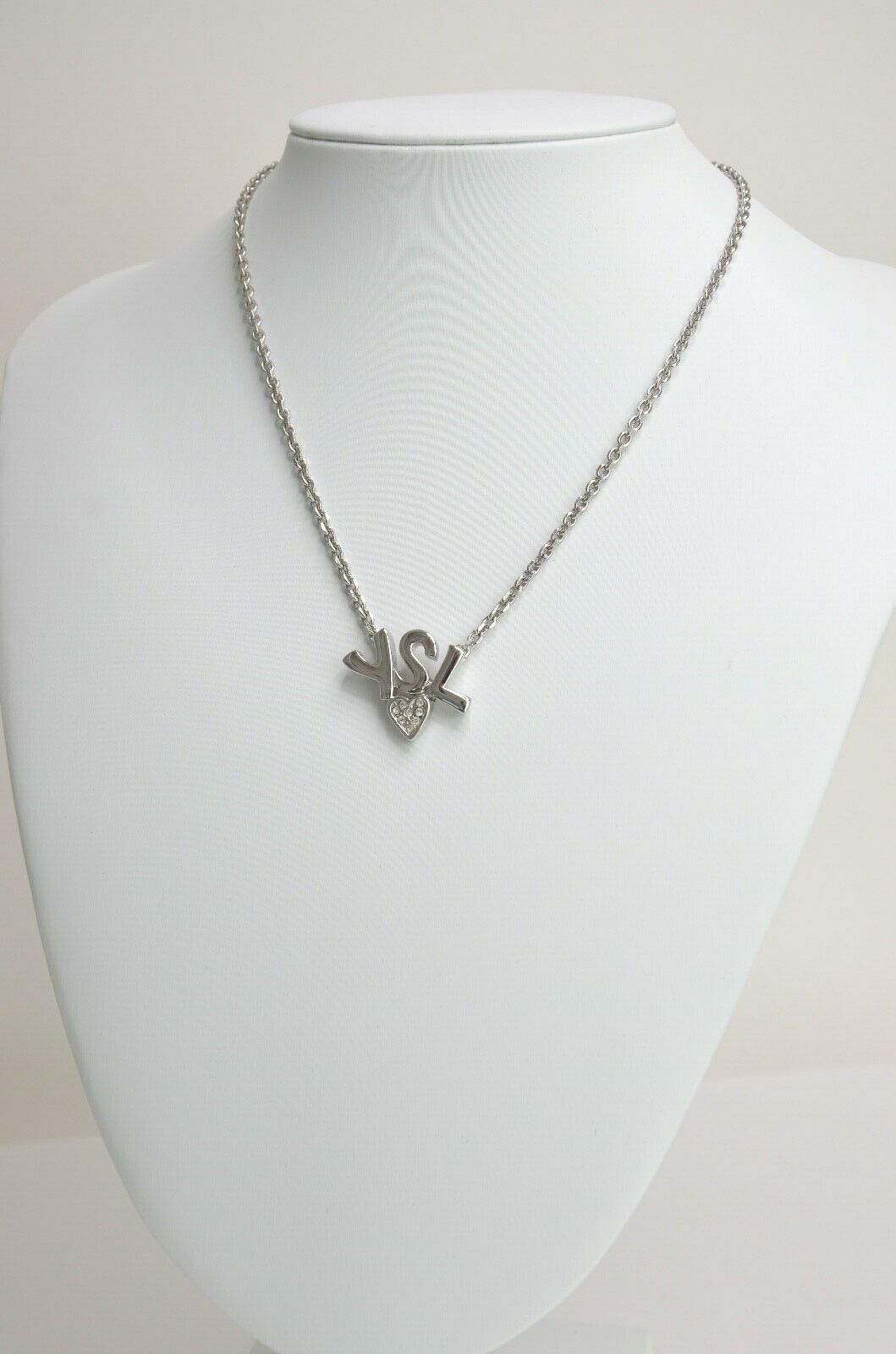 Yves Saint Laurent Silver YSL Vintage Necklace, Logo Heart Rhinestone Pendant Necklace Vintage Necklace, Dainty Necklace, Gift for women