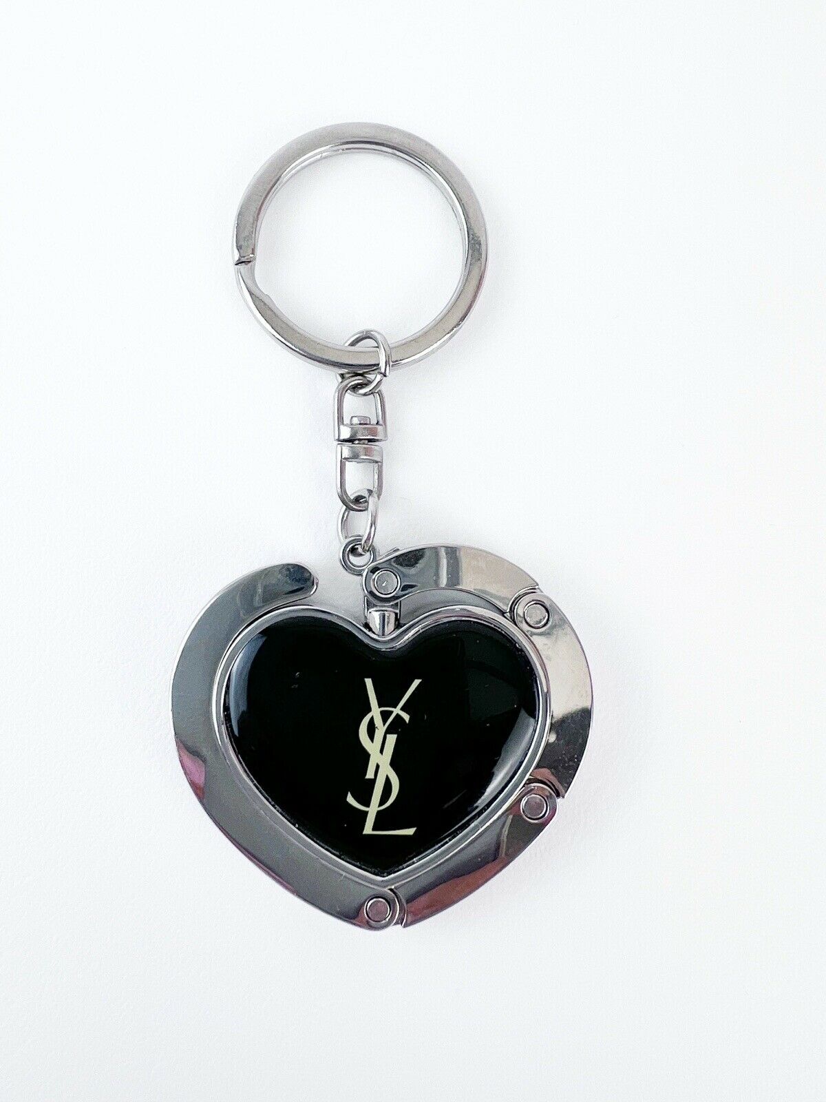 YSL YVES SAINT LAURENT Heart Logo Key Ring, Key Holder Key Hook Silver Tone