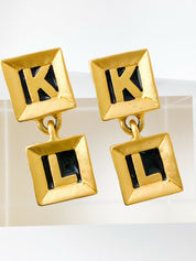 Karl Lagerfeld Vintage Gold Tone Dangle Earrings KL Script Square