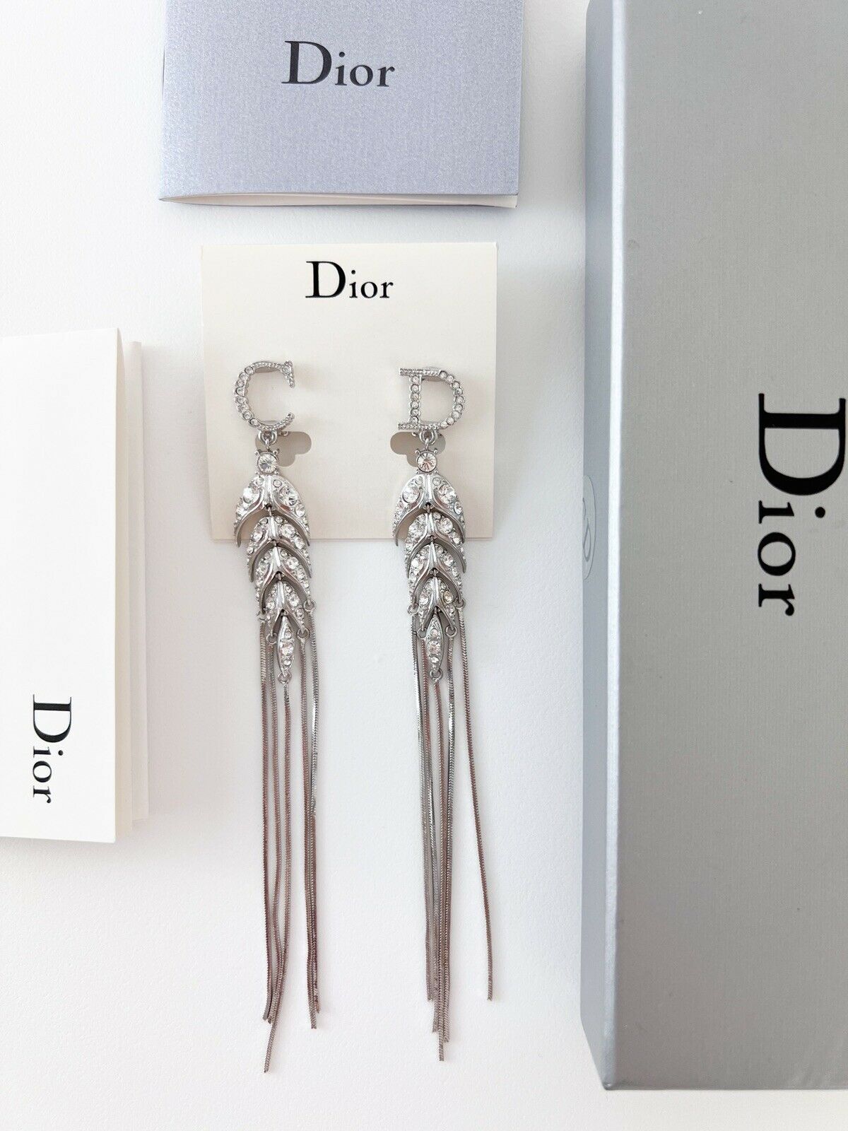 Christian Dior Silver Tone Vintage Clip-On Earrings Long Logo Rhinestones