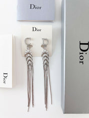 Christian Dior Silver Tone Vintage Clip-On Earrings Long Logo Rhinestones