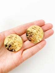 YSL Yves Saint Laurent Vintage Gold Tone Medal Earrings Logo Music Note