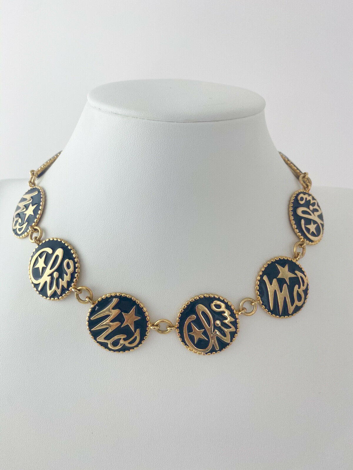 Moschino Vintage Gold Tone Logo Disc Necklace Black Enamel
