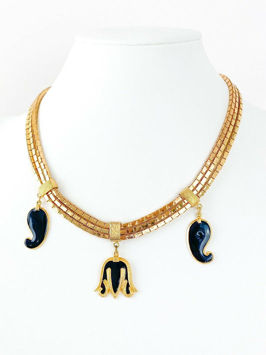 Balenciaga Paris Gold Tone Vintage Charm Necklace Black Enamel