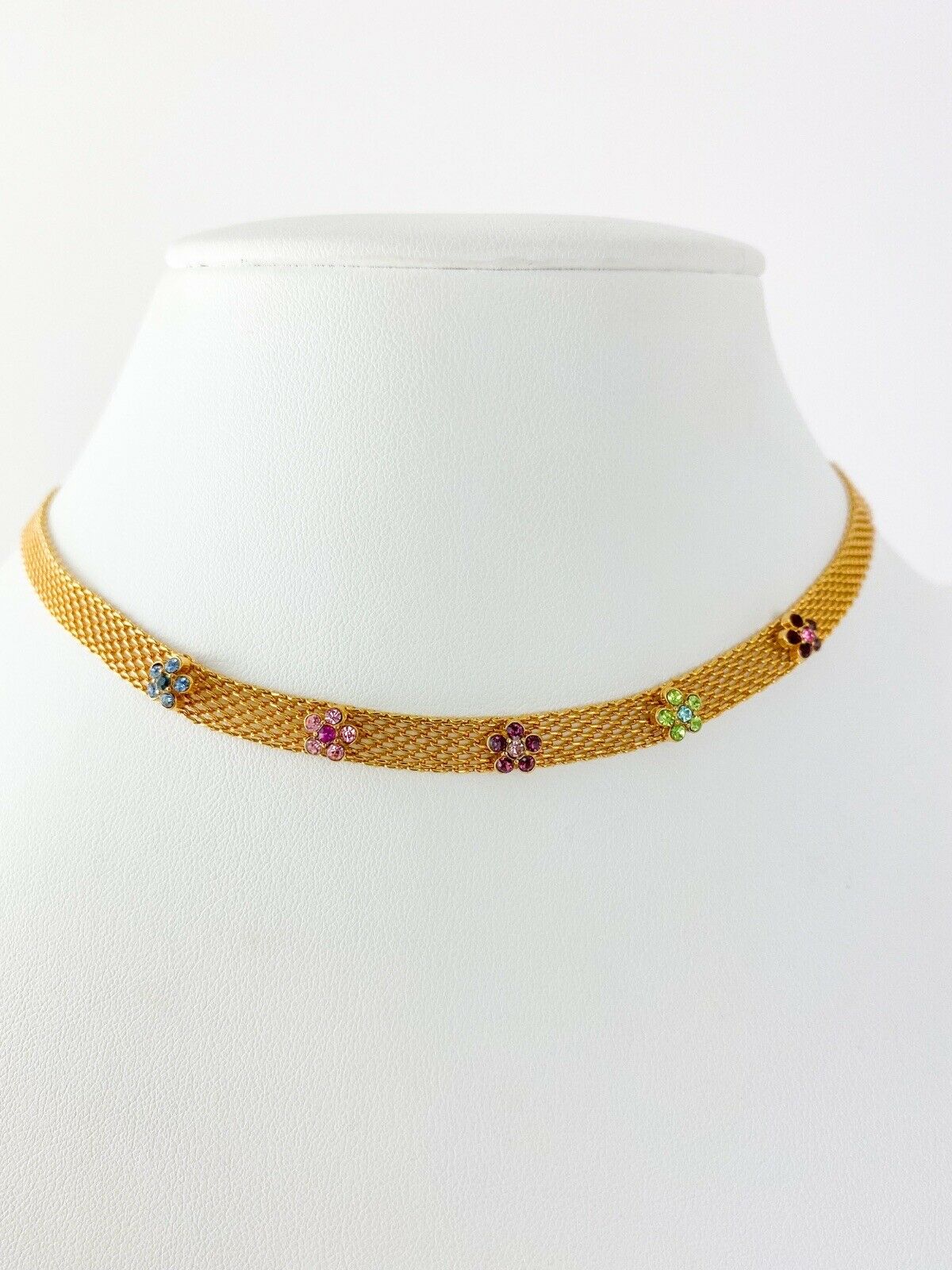 【SOLD OUT】BIJOUX Givenchy Gold Tone Vintage Choker Necklace Flower Multi-Color Rhinestone