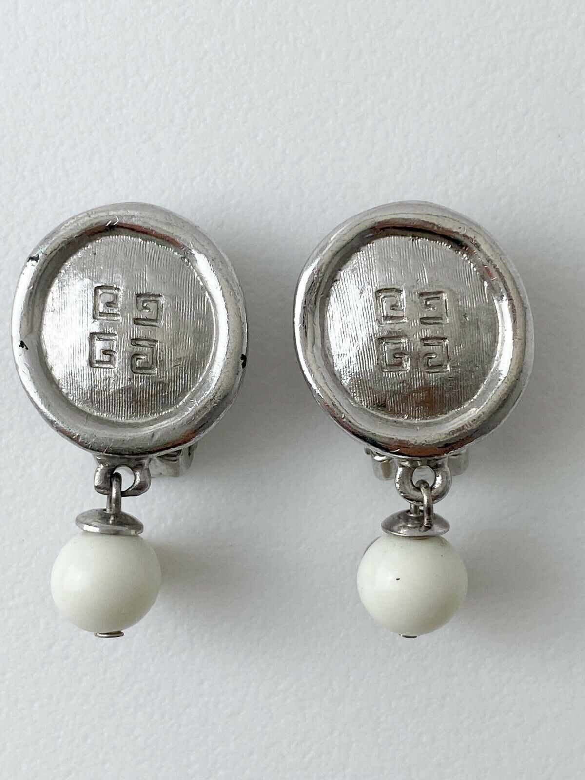 Givenchy Paris Silver Tone Logo Dangle Earrings Medallion Vintage