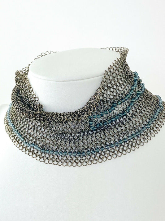 CHANEL Silver Tone Metallic Massive Choker Collar Necklace Beads Made in France