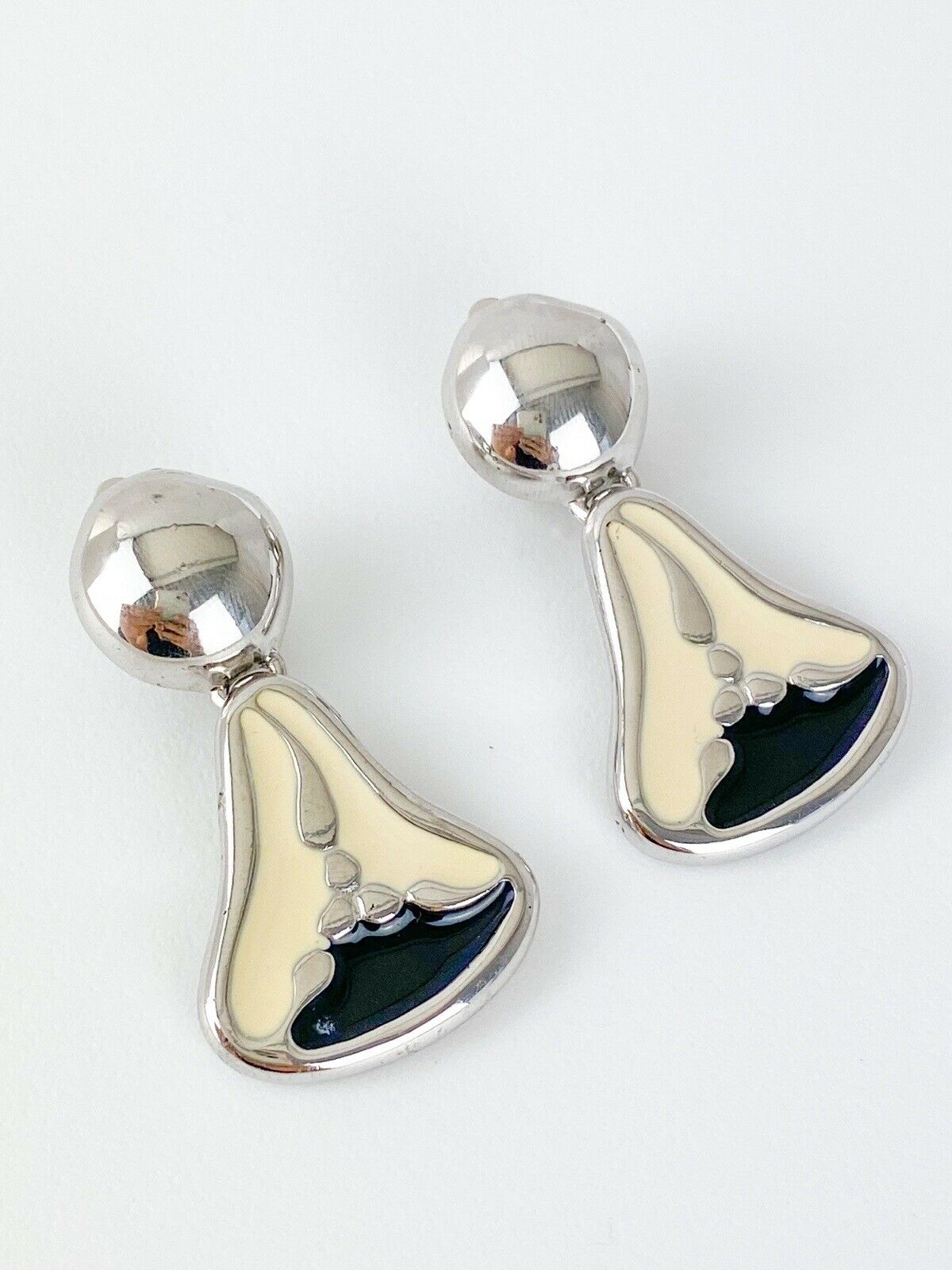 Givenchy Paris Silver Tone Dangle Earrings Vintage Enamel Black
