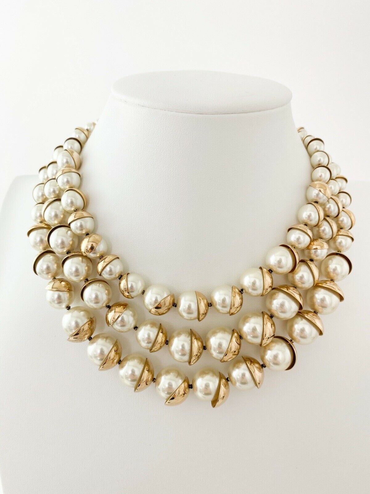 Christian Dior Mise en Dior Vintage Gold Tone Multi-Strand Necklace Faux Pearl