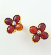 PIERRE BALMAIN PARIS Vintage Gold Tone Flower Earrings Glass Cabochon Brown