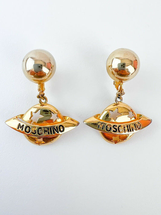 Moschino Vintage Star Saturn Planet Dangle Earrings Gold Tone Logo