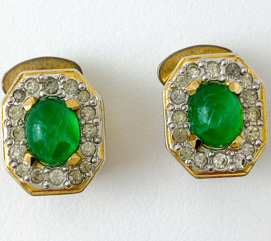 Vogue Bijoux Vintage Gold Tone Earrings Cabochon Emerald Green
