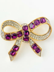 NINA RICCI Vintage Gold Tone Bow Ribbon Brooch Pin Rhinestone