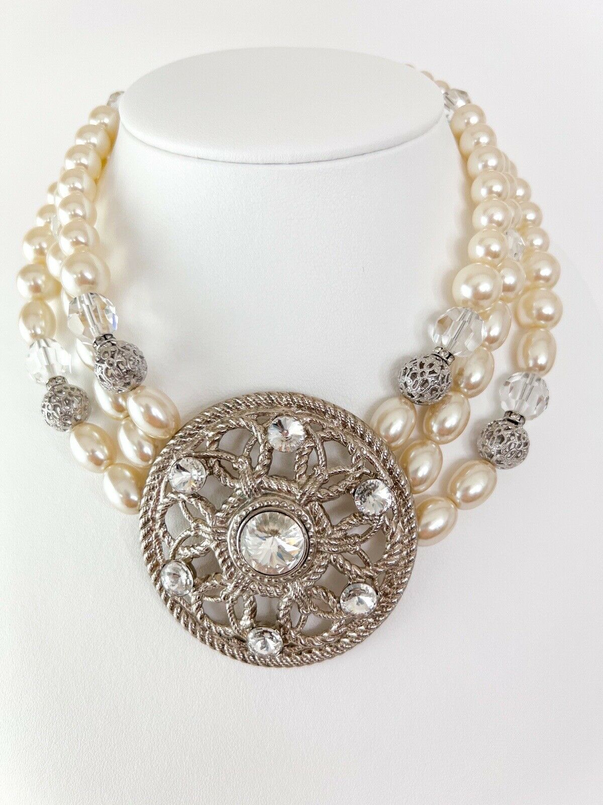 JEAN LOUIS SCHERRER Vintage Multi-Strand Pearl Charm Necklace Choker Rhinestone
