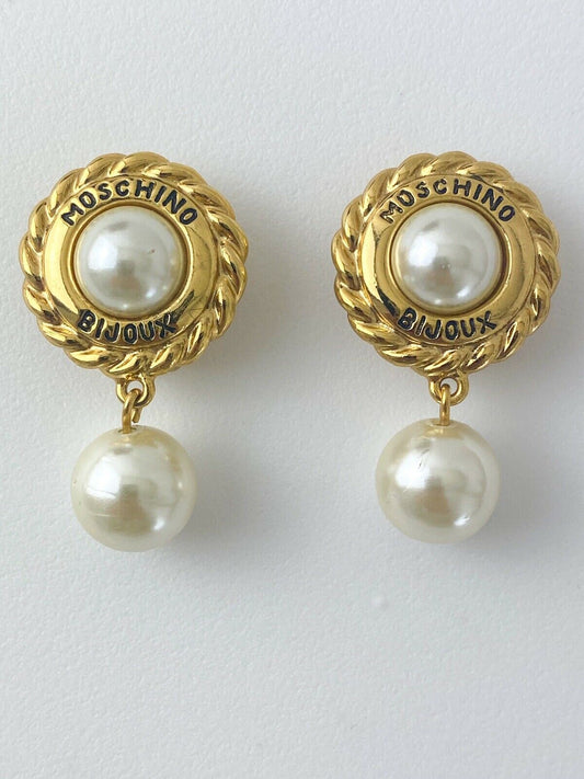 Moschino Bijoux Vintage Gold Tone Drop Earrings Logo Faux Pearl
