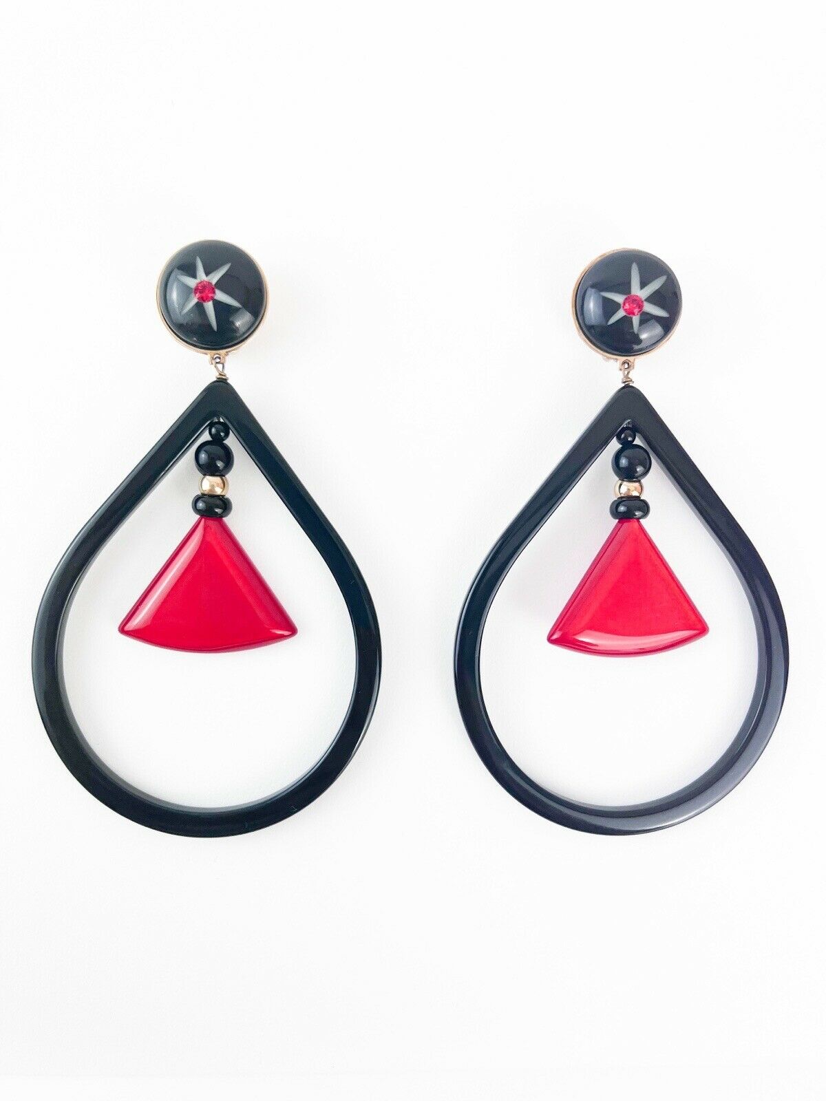 【SOLD OUT】Giorgio Armani Vintage Gold Tone Massive Dangle Hoop Earrings Black Red
