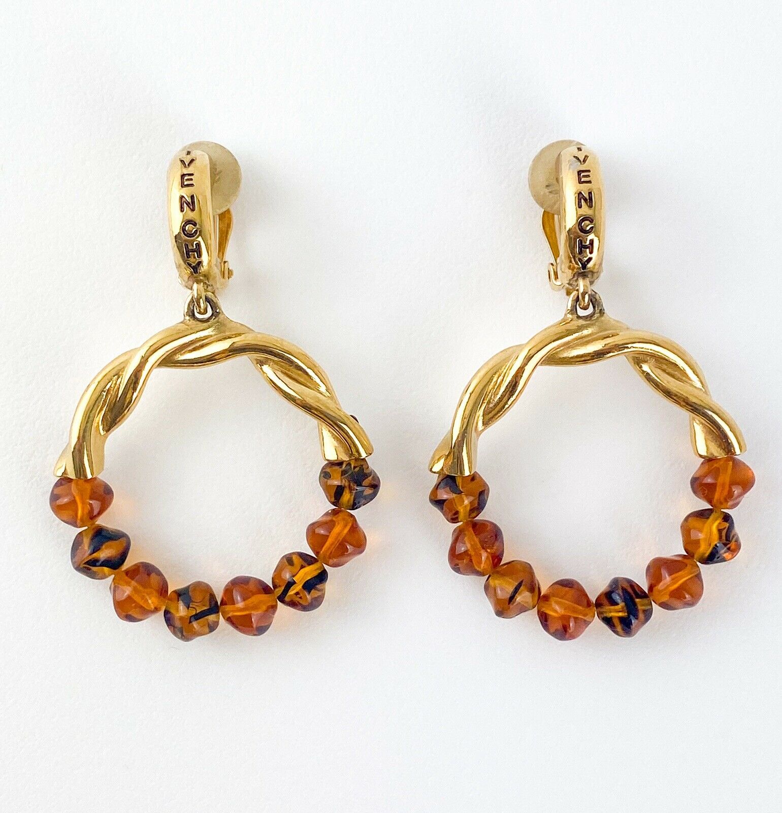 Givenchy Paris Vintage Gold Tone Hoop Earrings Logo Amber Beaded