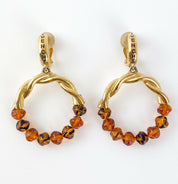 Givenchy Paris Vintage Gold Tone Hoop Earrings Logo Amber Beaded