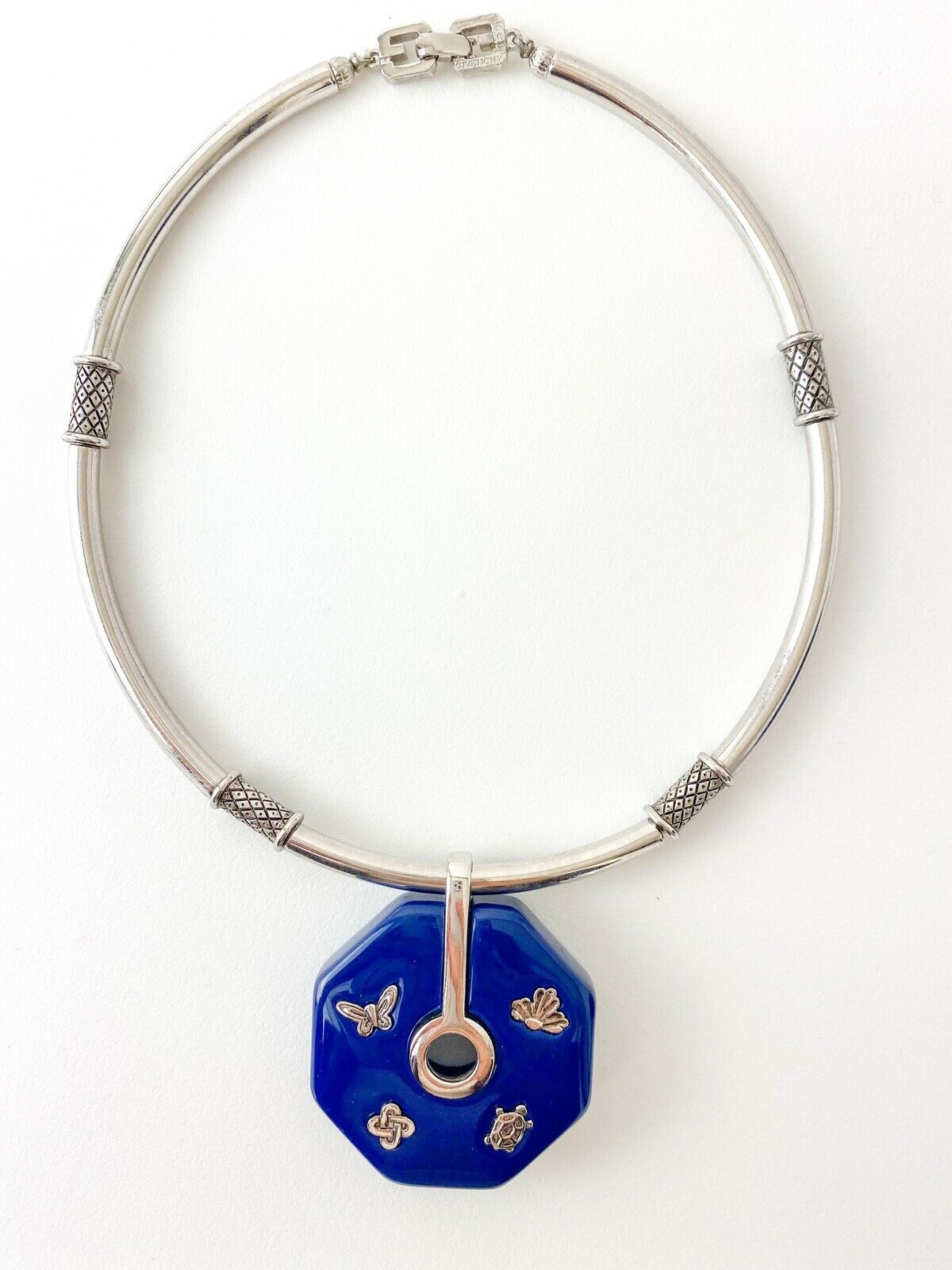 Givenchy 1976 Silver Tone Choker Necklace Epoxy Hexagon Butterfly Turtle Extremely Rare