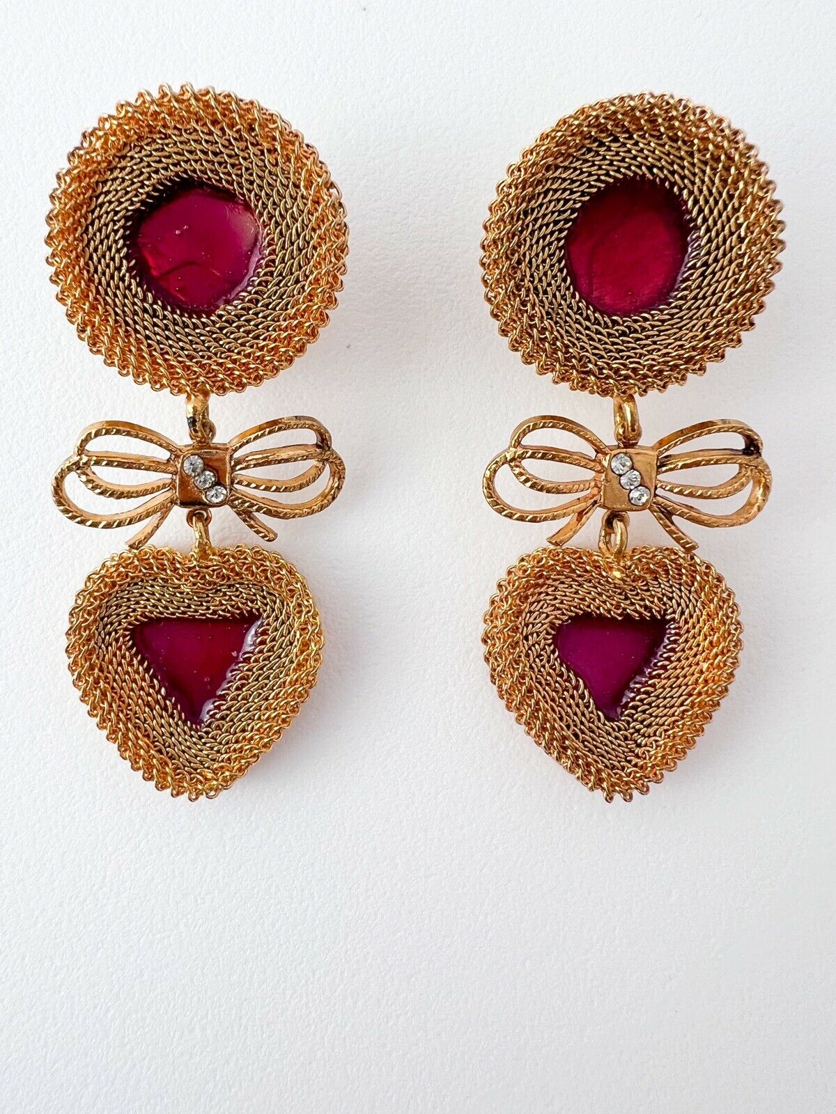 Dangling earrings poured glass red ribbon