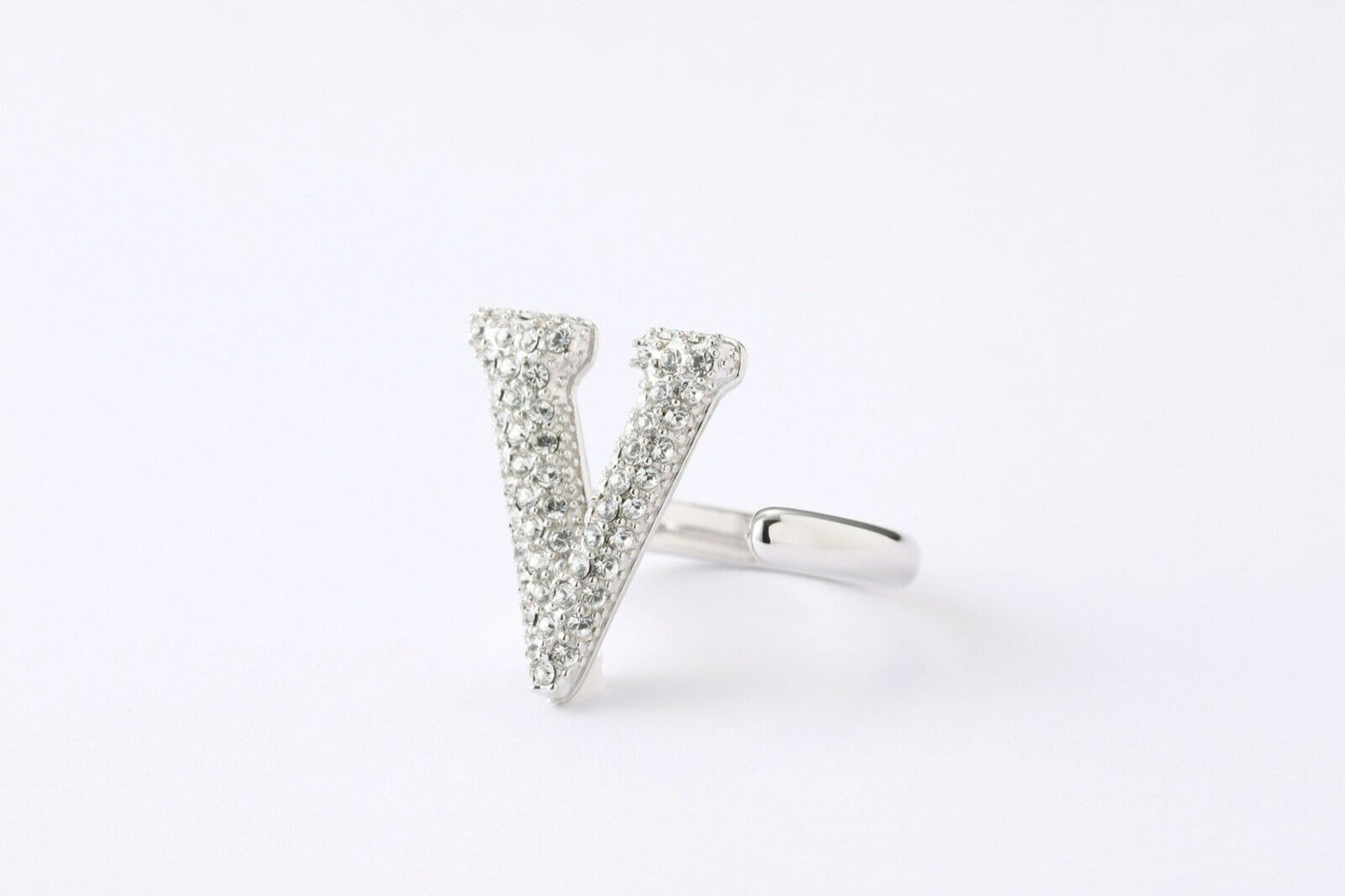 Alphabet Ring Initial  V Swarovski Crystals Free Size Sterling Silver 925 Rhodium Plated