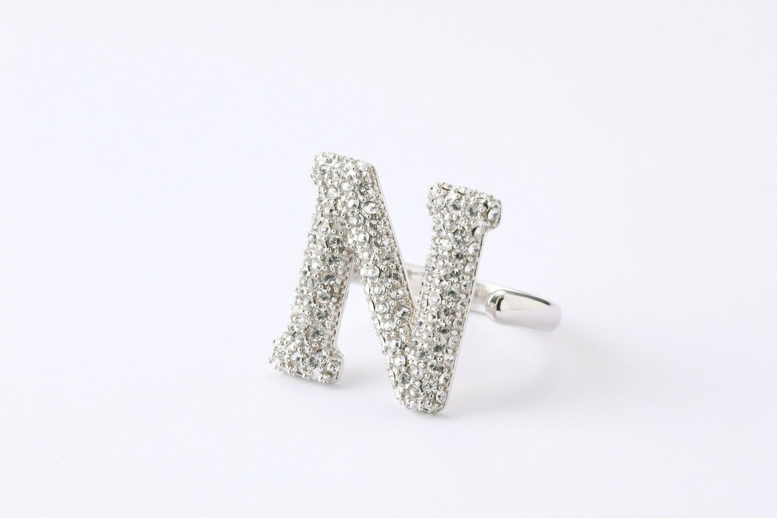 Alphabet Ring Initial N Swarovski Crystals Free Size Sterling Silver 925 Rhodium Plated