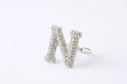 Alphabet Ring Initial N Swarovski Crystals Free Size Sterling Silver 925 Rhodium Plated