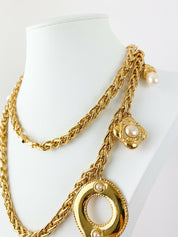 Bijoux Givenchy Paris New York Vintage Gold Tone Multi-Charm Necklace Faux Pearl
