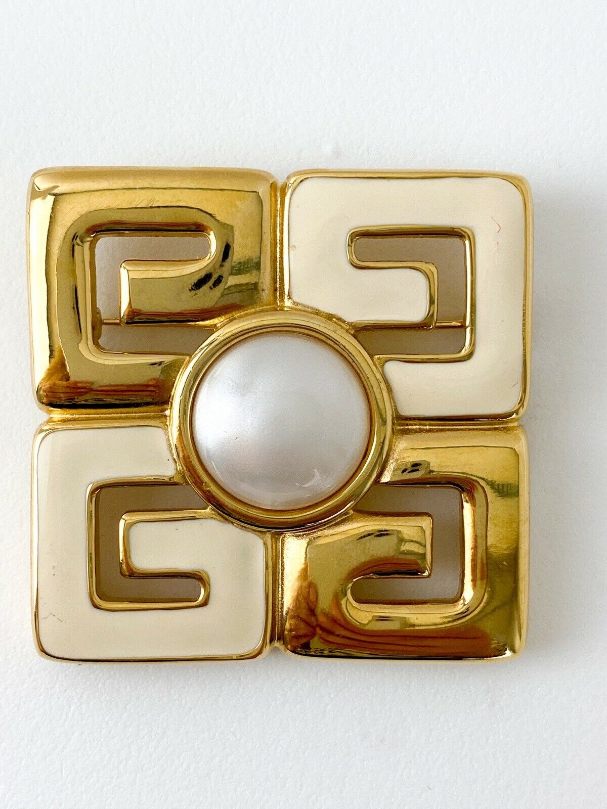 Givenchy Paris Gold Tone Enamel G Logo Brooch Pin Faux Pearl Vintage