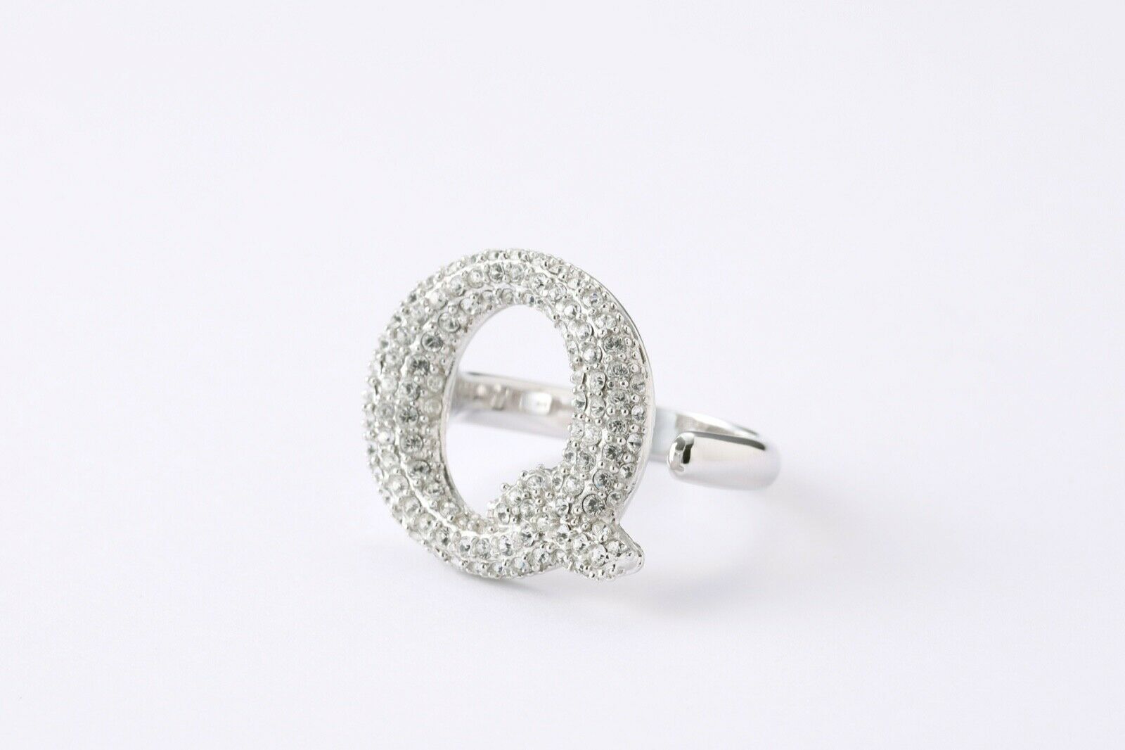 Alphabet Ring Initial  Q Swarovski Crystals Free Size Sterling Silver 925 Rhodium Plated