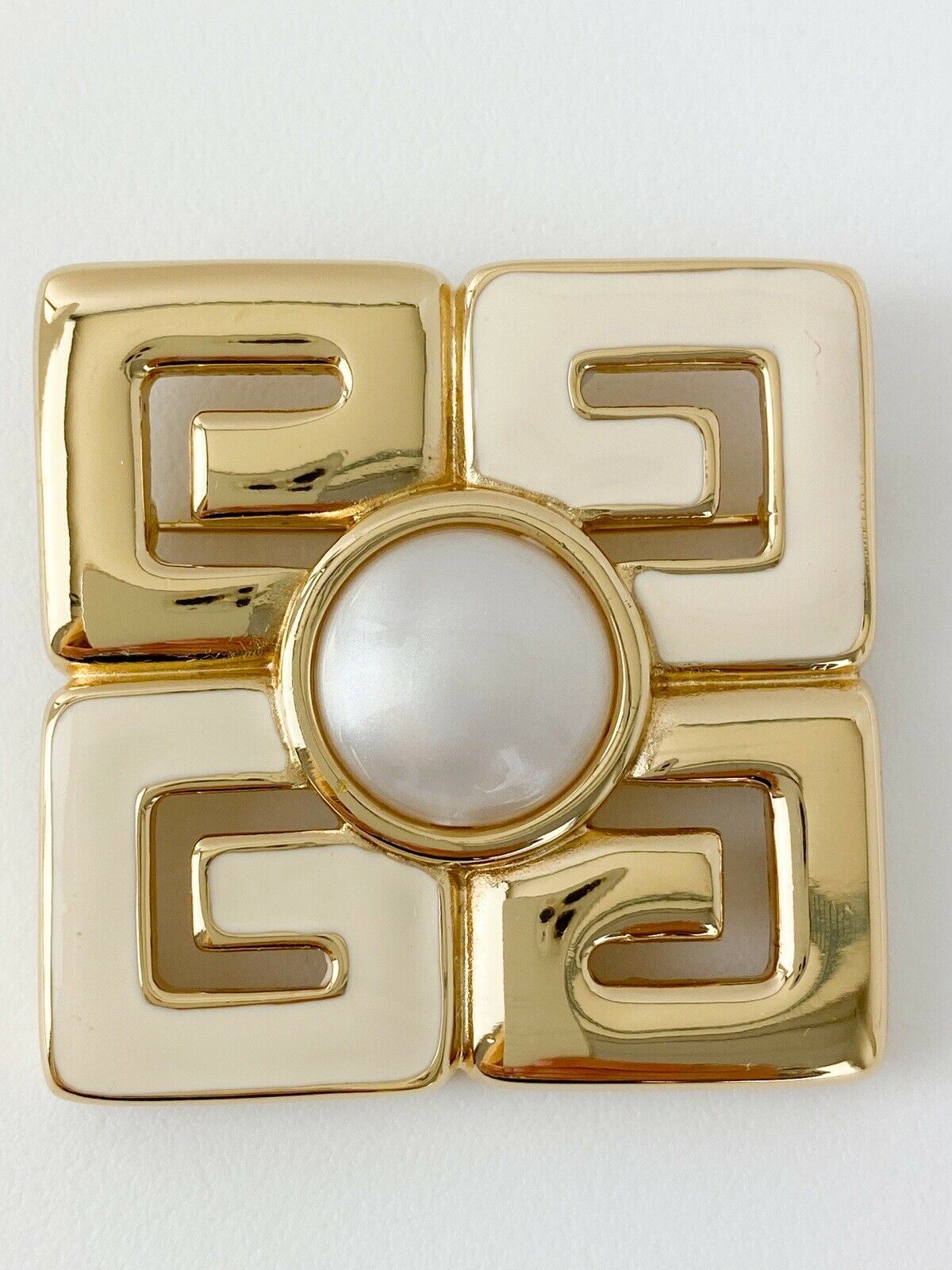Givenchy Paris Gold Tone Enamel G Logo Brooch Pin Faux Pearl Vintage