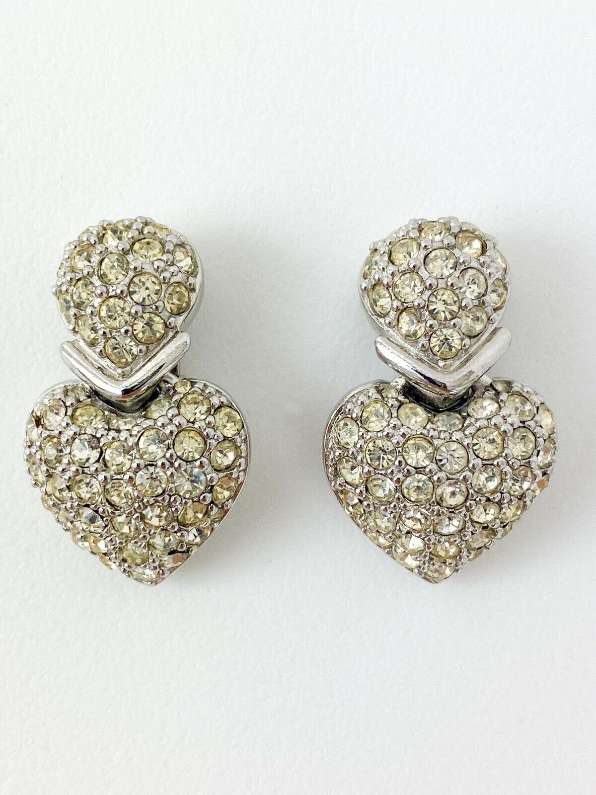 Christian Dior Boutique Vintage Silver Tone Heart Drop Earrings Rhinestones