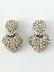 Christian Dior Boutique Vintage Silver Tone Heart Drop Earrings Rhinestones